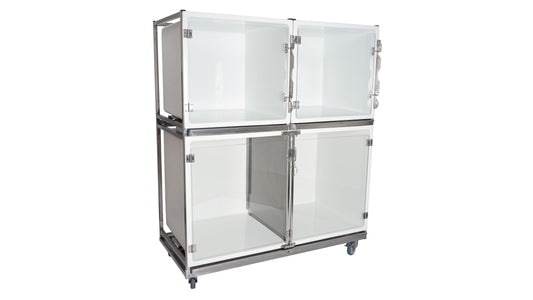 Set of 3 polyester cages on wheeled chassis with glass doors (1C+2B)