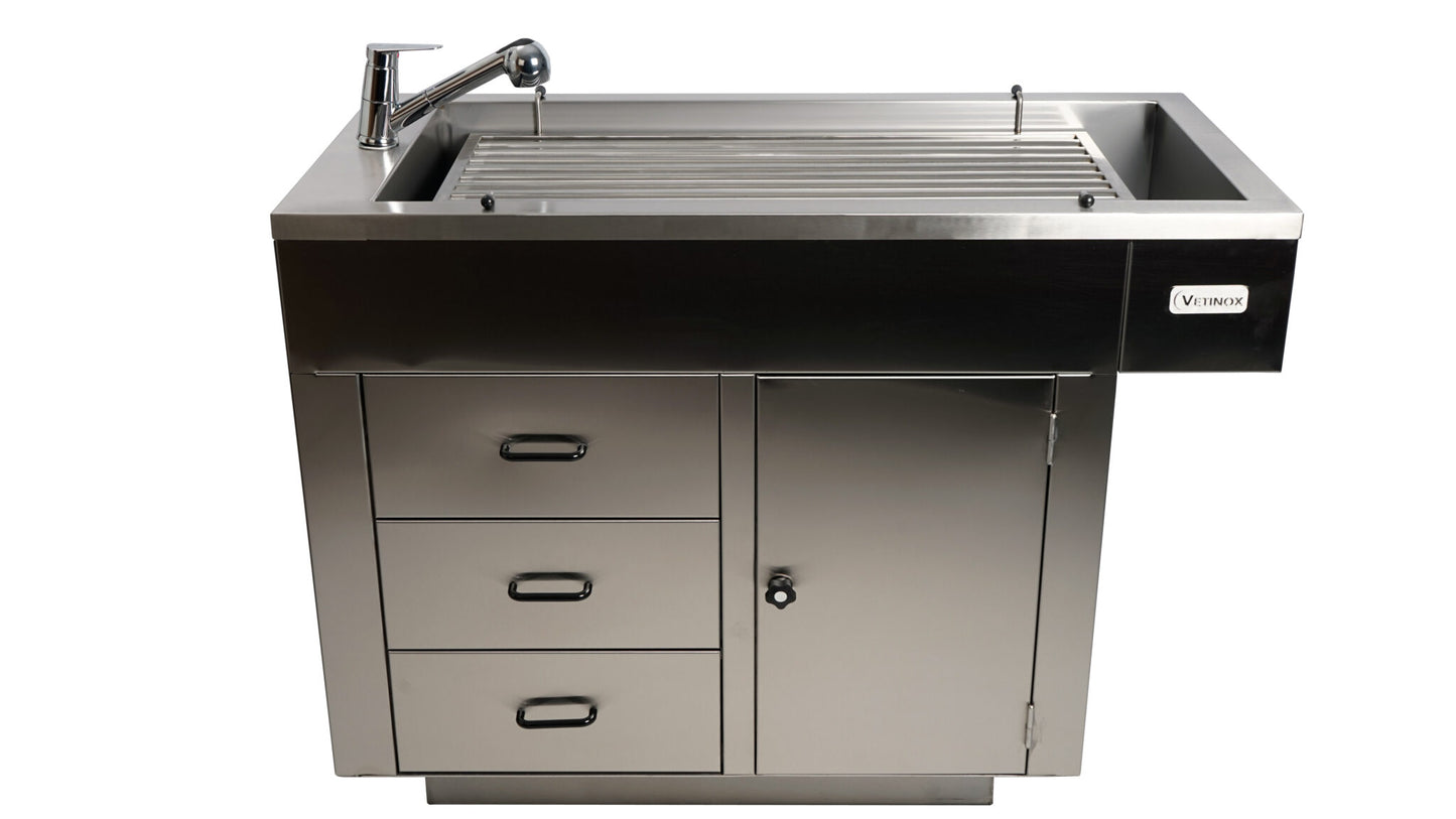 Preparation table with bar top and with 1 door, 3 drawers and covering