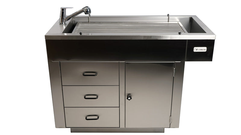 Preparation table with bar top and with 1 door, 3 drawers and covering