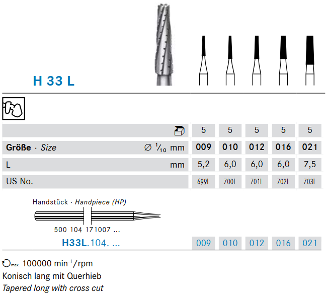 HP Crosscut Taper Fissure Bur | 44.5mm | US 699L