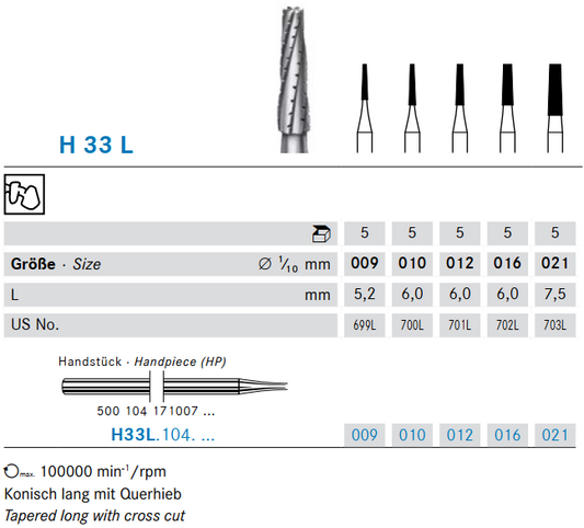 HP Crosscut Taper Fissure Bur | 44.5mm | size 009 | US 699L
