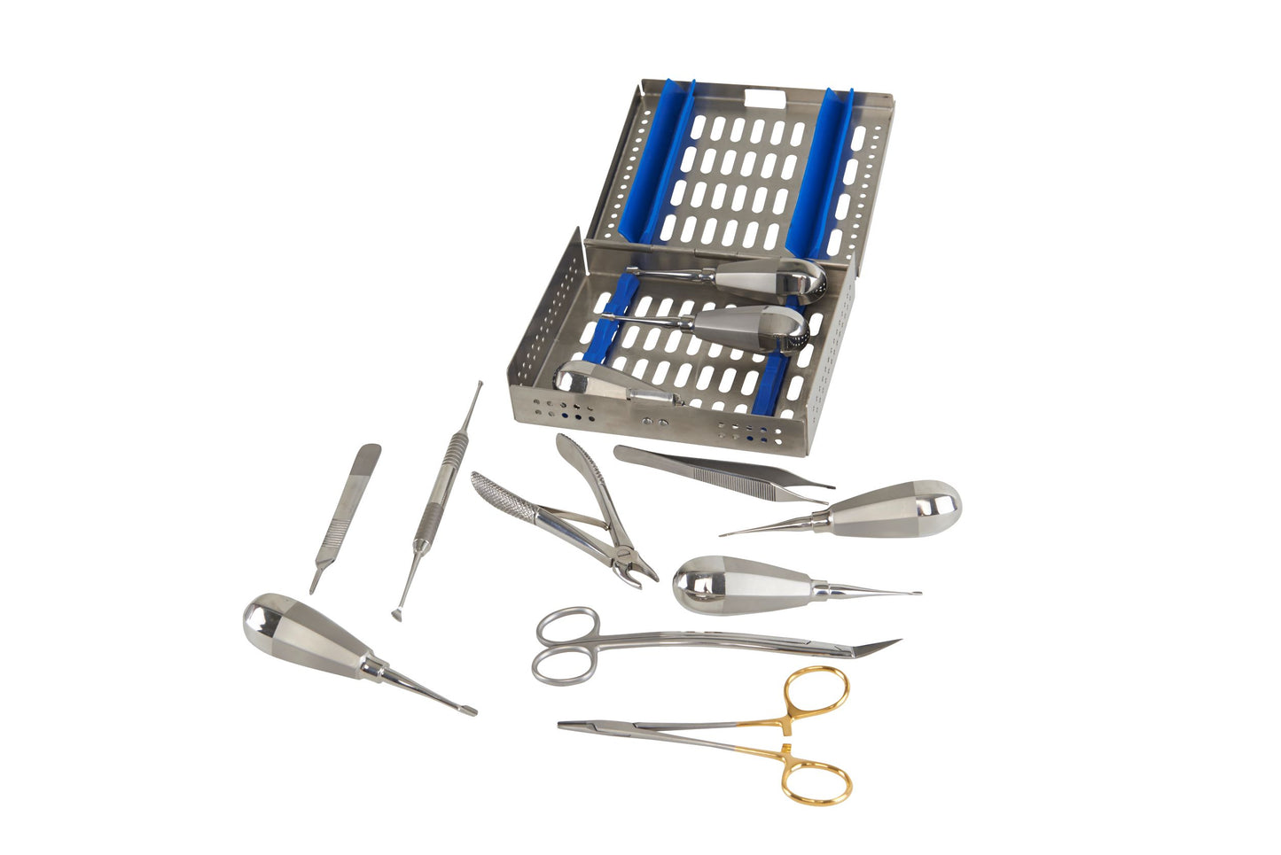 Extraction Set, Winged Elevators with Stubby Handles, 12 pieces, in stainless steel case