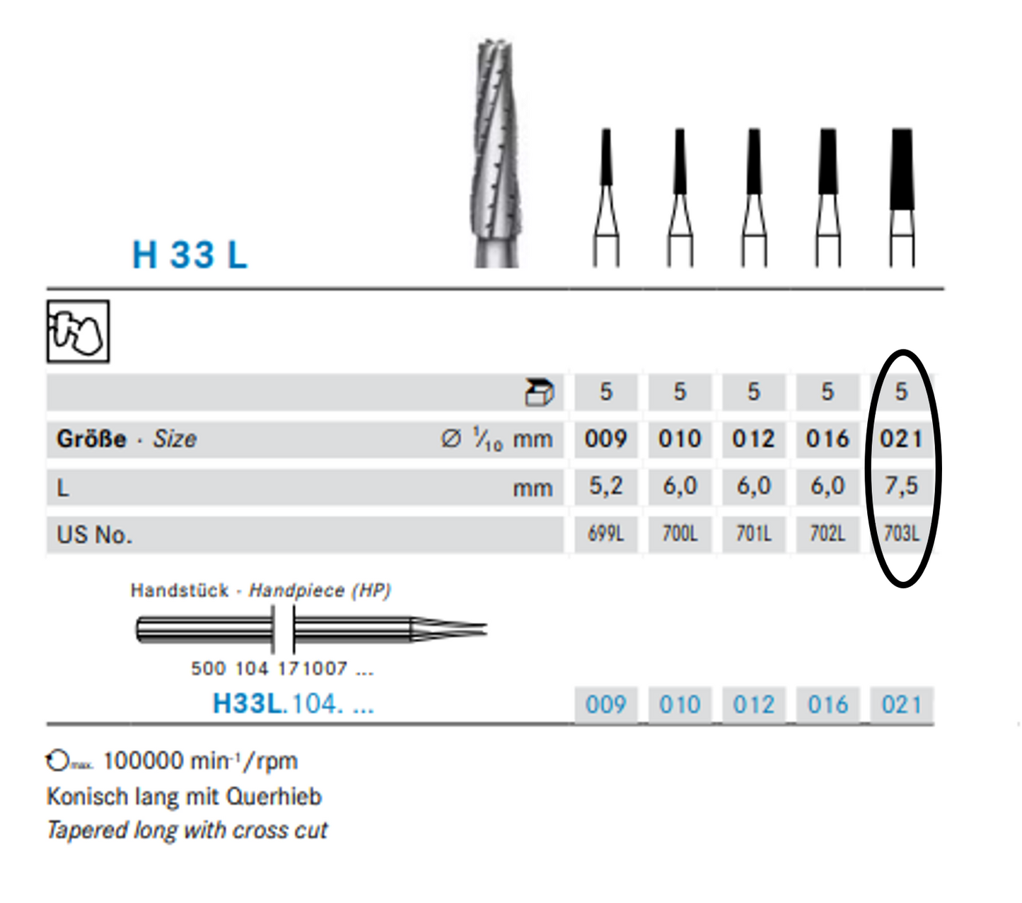 HP Crossut Taper Fissure Bur | 44,5mm | US 703L