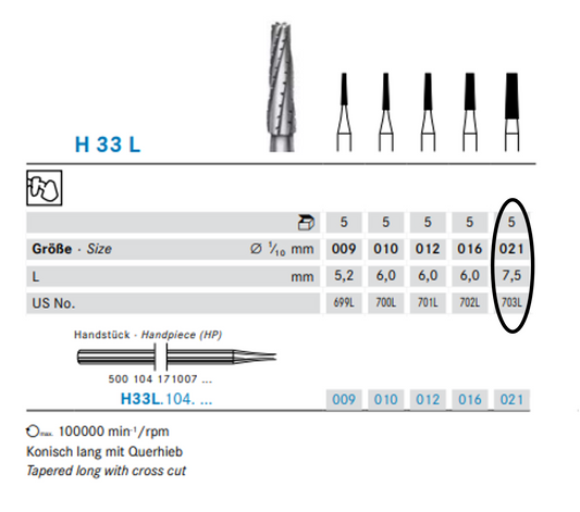 HP Crossut Taper Fissure Bur | 44.5mm | size 021 | US 703L
